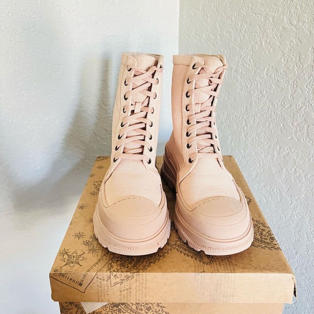 FREE PEOPLE Camp Out Canvas‎ Combat Boot, Natural, Tan/Pink, Size 8, NWT - Picture 5 of 16